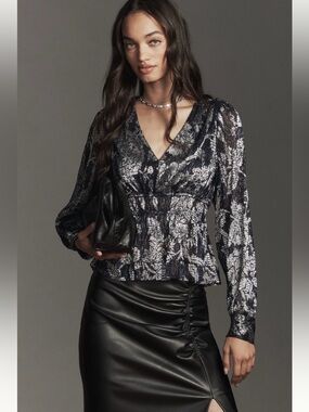 Anthropologie Romantic Glam Navy Metallic Silver Smocked Blouse NWT S Sheer